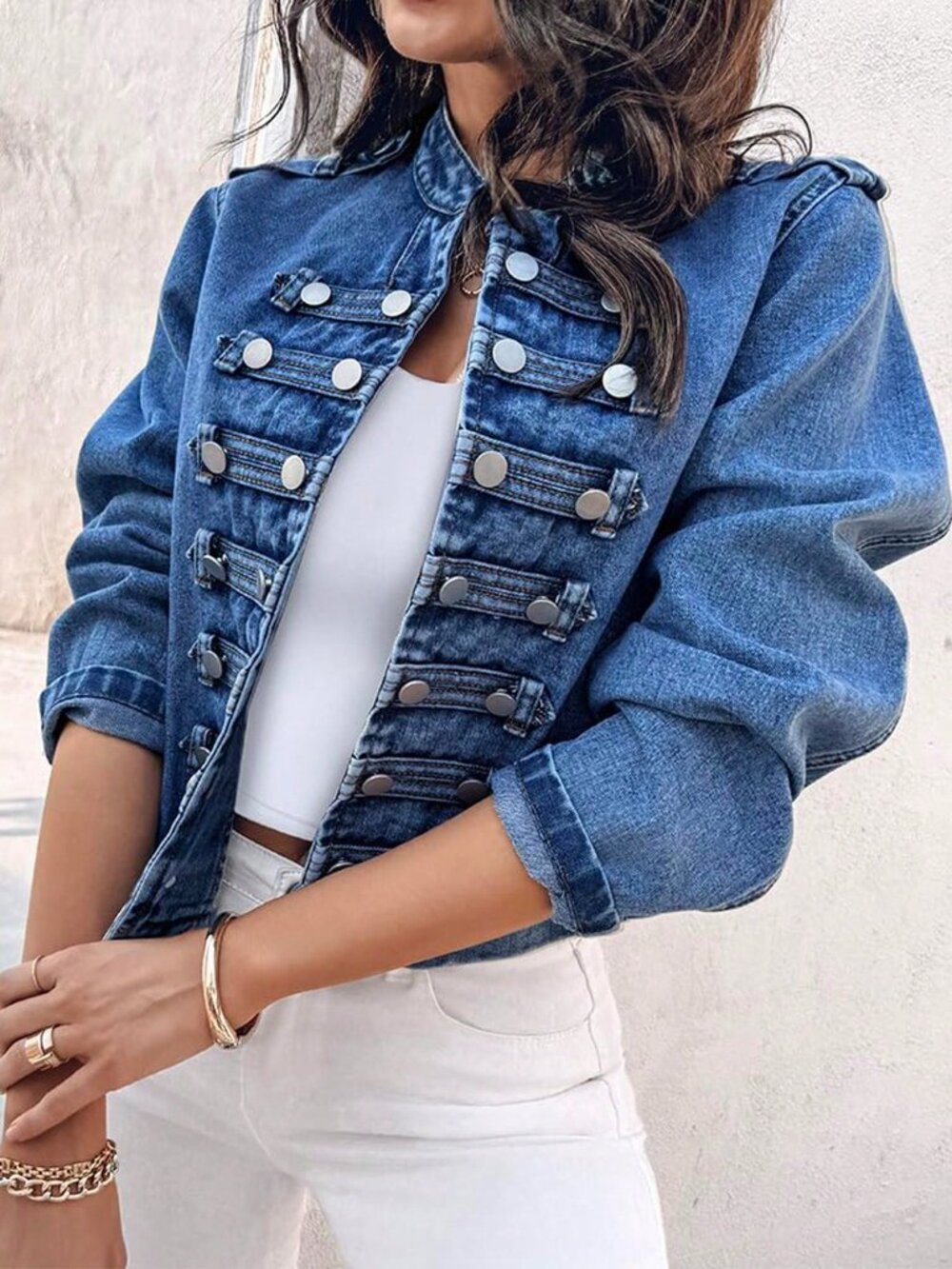 Blue Casual Women's Short Denim Jacket with Double-Breasted Front - Picture 5 of 7
